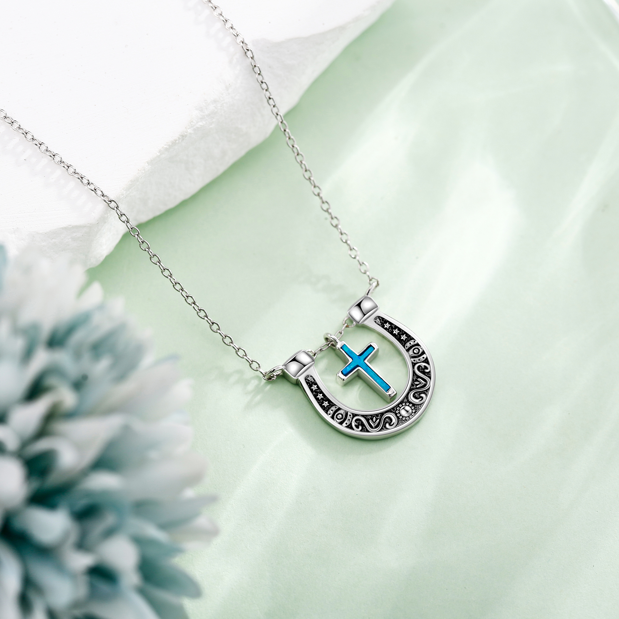 Women's 925 Sterling Silver Horseshoe Necklace with Synthetic Opal